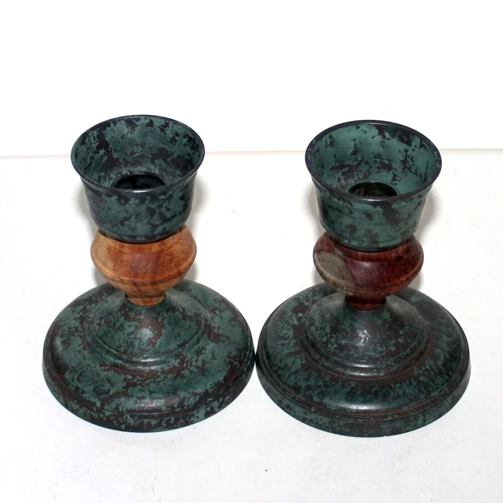 Vintage Pier 1 pair Candle Holder brass wood green house decor boho eclectic